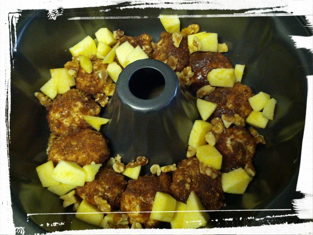 Monkey bread before baking. The nuts and apples make it healthy, yes? 