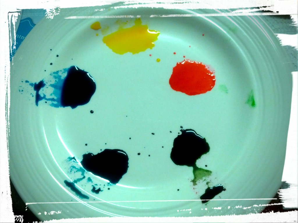 Painting with water-down gel food colouring. 