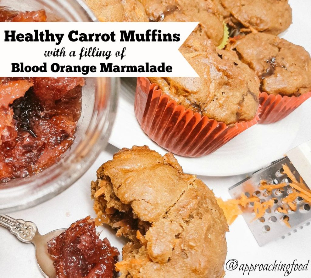 Healthy carrot muffins filled with blood orange marmalade. 