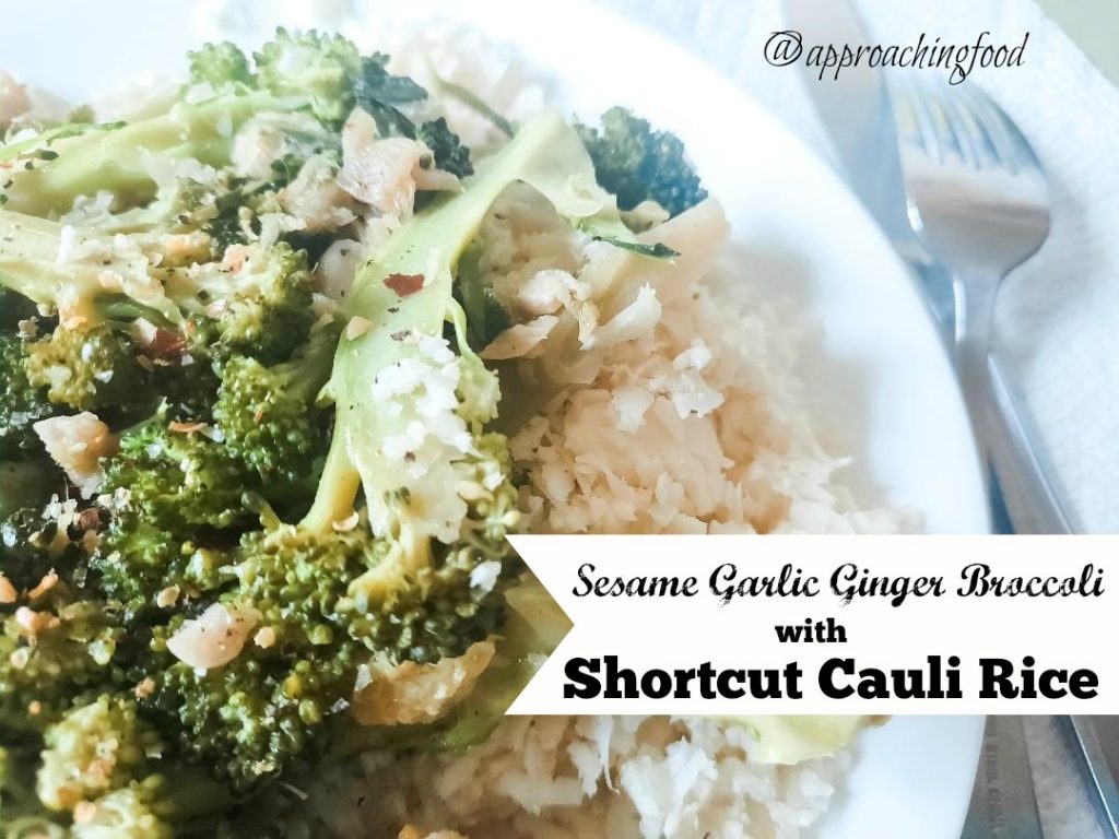 Sesame garlic ginger broccoli stir-fry, served on a bed of steaming cauliflower rice. 