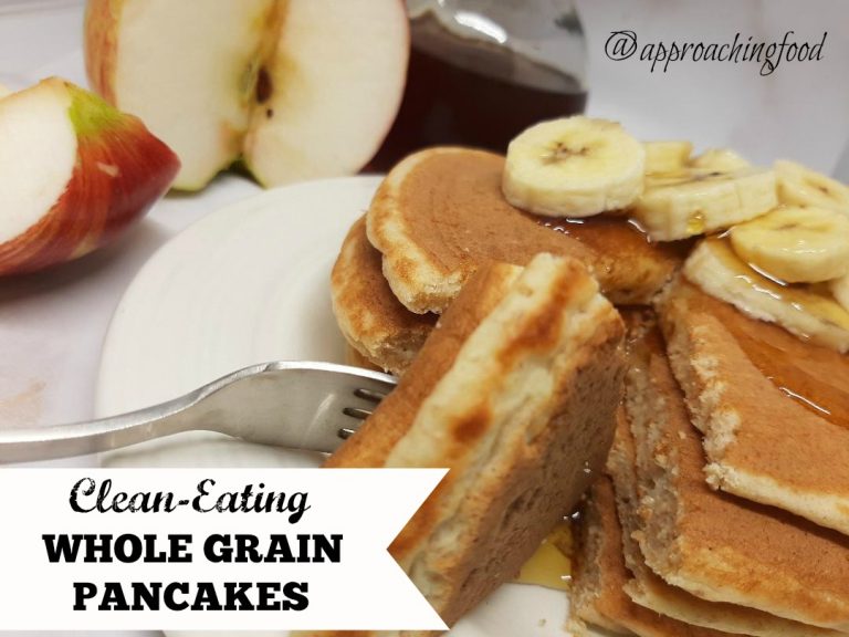 Healthy whole grain pancakes, with apple and banana slices.