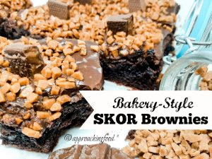 Chocolate heaven looks like these fudge and toffee topped Skor Brownies!